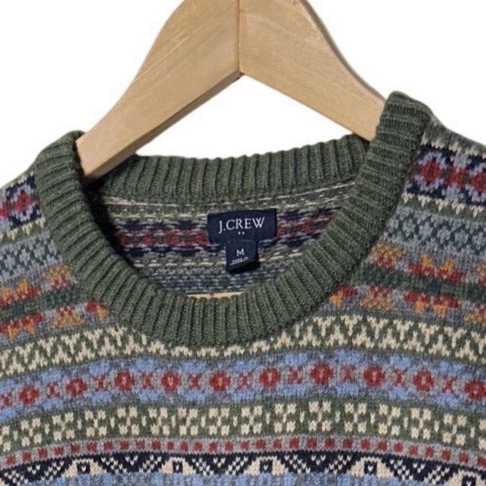 J.Crew Lambs Wool Blend Fair Isle Crewneck Sweater Green Blue Red Men's Size M - Picture 3 of 11